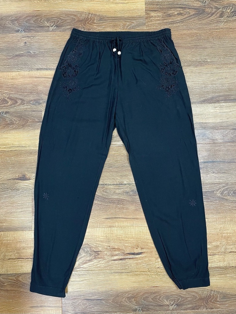 Handmade Balinese Artisan soft floral lace embroidered black drawstring joggers